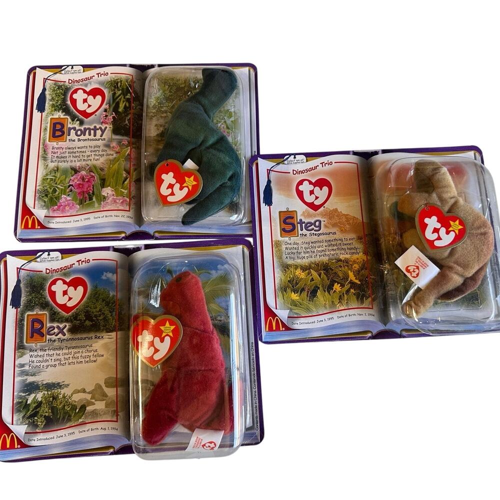 Vintage RARE 1995 McDonalds TY Teenie Beanie Babies Dinosaur Trio FULL SET